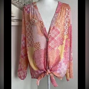Susan Graver Style Pink Yellow Orange Floral Print Sheer Tunic Shirt | Large